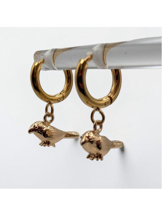 Handmade Jewelry - Gold Tone Bird Hoop Earrings Sparrow Charm Hoops Dainty Huggie Earrings